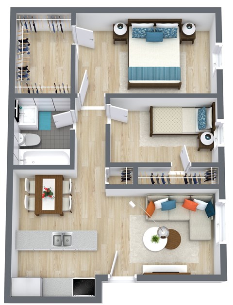 Floor plan for 2 beds, 1 bath, 734 sqft